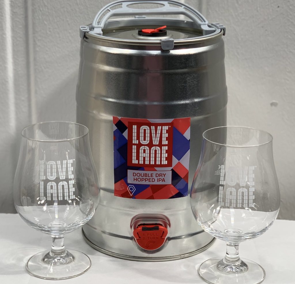 Love Lane Brewery Mini Keg and glasses