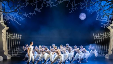 Matthew Bourne's Swan Lake. Jackson Fisch (The Swan), Stephen Murray (The Prince) and Company. Photo Johan Persson