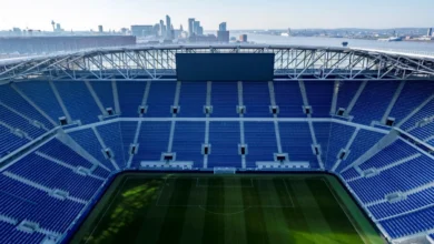 Everton's Hill Dickinson Stadium Overlooking The Liverpool Skyline