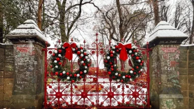 Festive Magic Blooms at Strawberry Field with Christmas Events, Concerts & Family Fun 4 Strawberry Field gates in the snow with Christmas wreaths