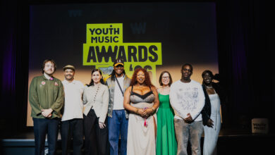 Nominee performers with Adam Joolia Youth Music CEO and Carol Reid Programme Director