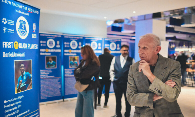 Evertons First Black Players Celebrated In Stadium Exhibition Peter Reid at the exhibition